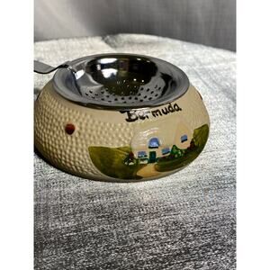 VTG 70s Bermuda Souvenir Tea Bag Holder Strainer 3.5 in beige green blue GC L#2